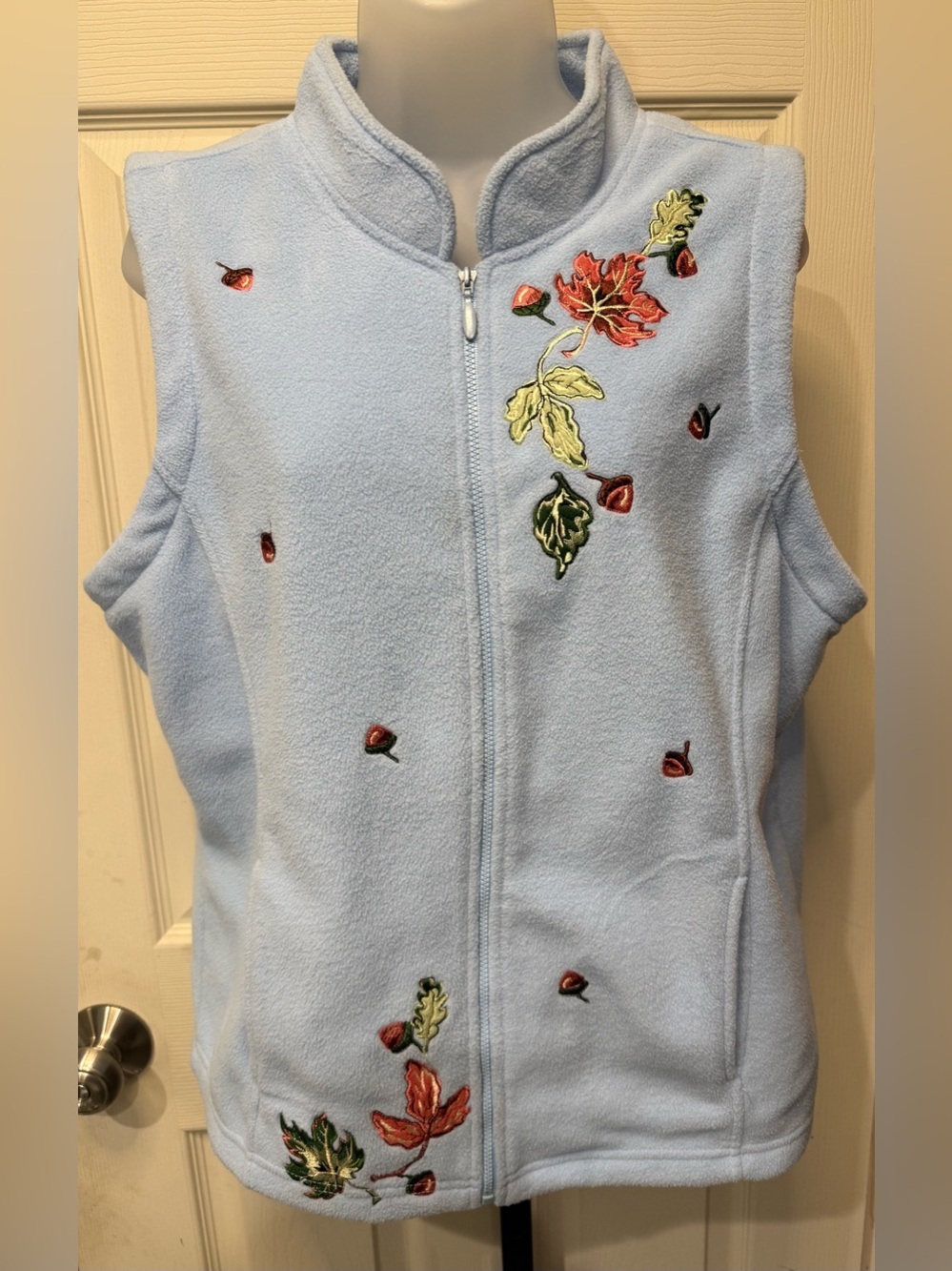 Vintage Shenanigans Light Blue Autumn Fall Embroidered Fleece Vest